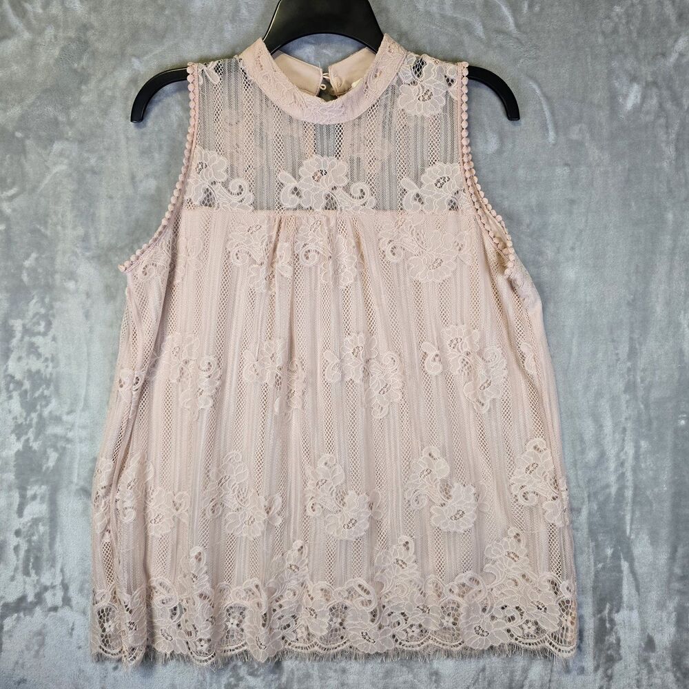 Eve & Maddie Sleeveless Blouse Large Pink Lace Raw Hem Lined Cottage Fairy